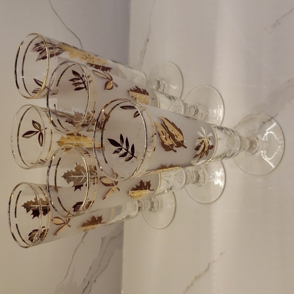SET of 6 Libbey Pilsner Flute stem Beer glasses Frosted gold leaf 8.25" x 2.75" - Picture 2 of 12
